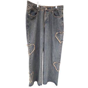 Angel Kiss Baggy Wide Leg Heart Details Women's Size 9/29 Med Blue Denim Jeans